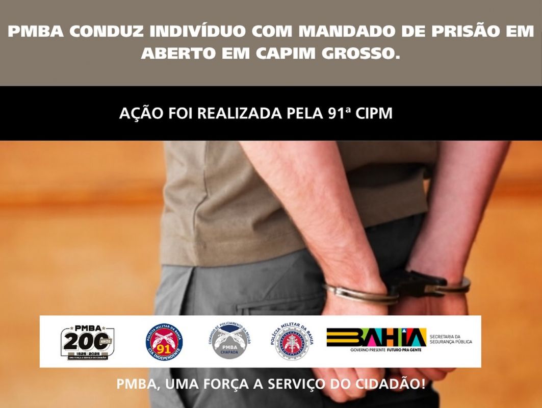 PMBA conduz indivíduo com mandado de prisão aberto em Capim Grosso
